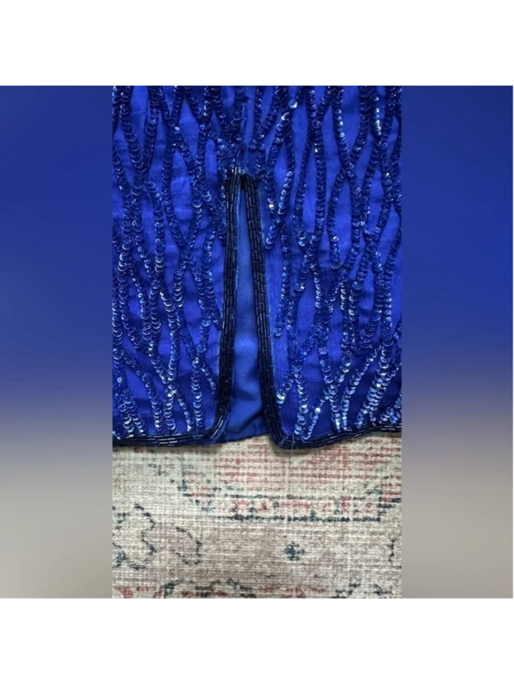 Lawrence Kogar Women's Blue Print Short Sleeve Silk Beaded Mini Dress - Picture 11 of 12